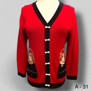 Berek 2 Sweater Womens Sz M Red Black Puppies In Pockets Dog Bones Buttons